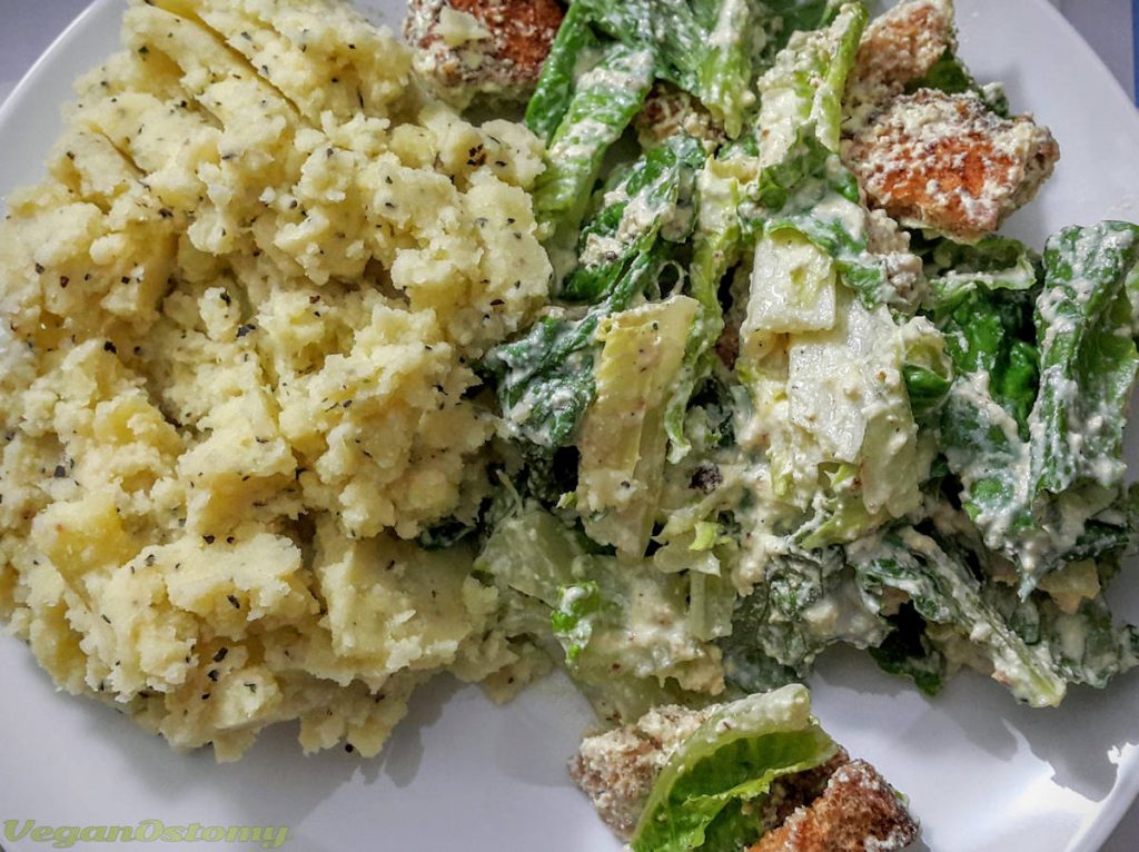 Caesar salad with mashed potatoes