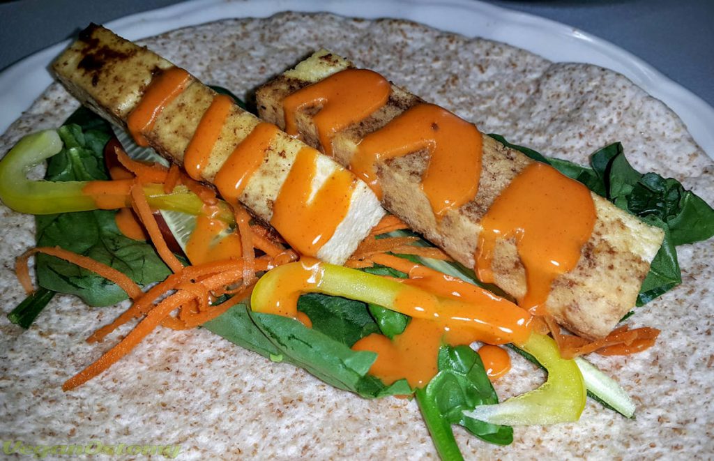 Grilled tofu strips in a wrap