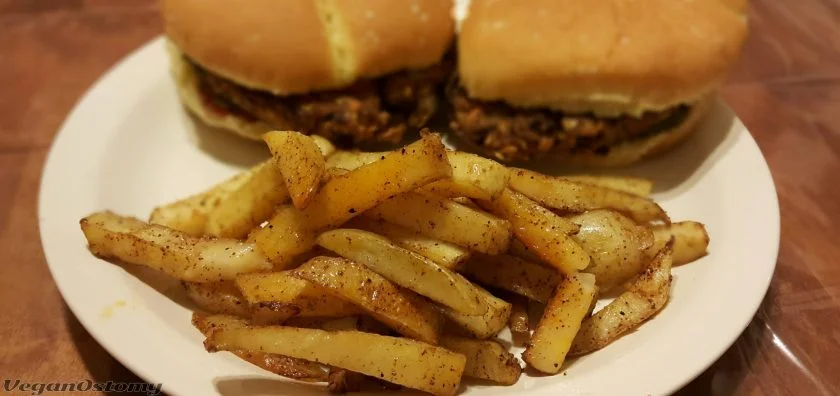 Homemade fries with bean burgers