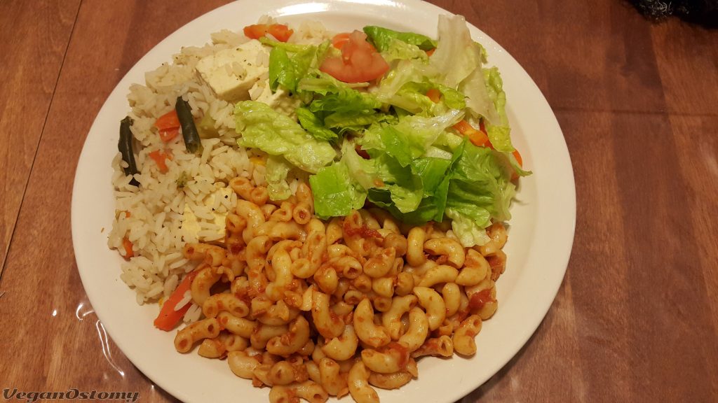 Pasta and rice with salad