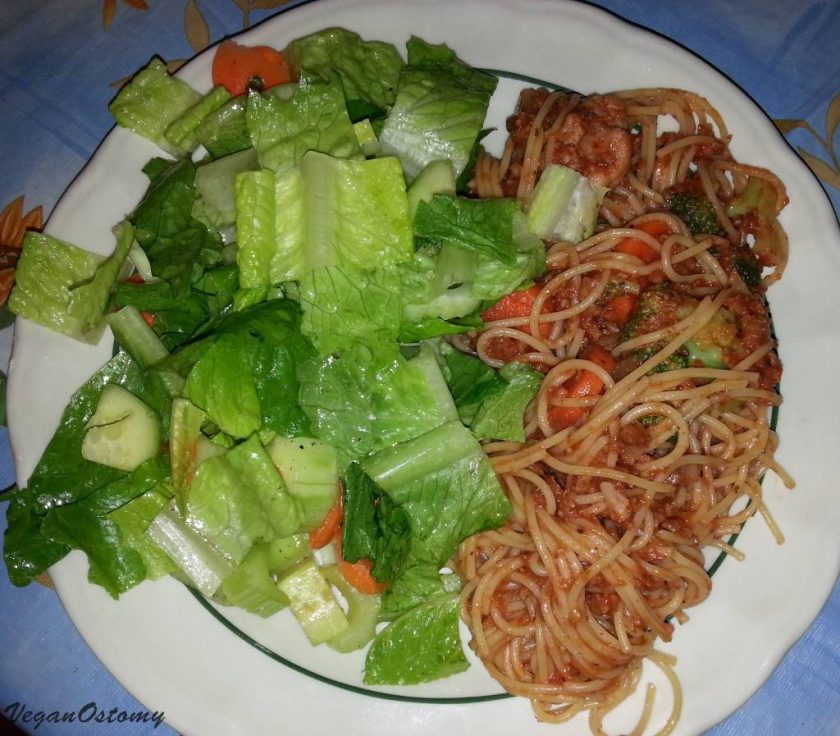 Pasta and veg with a side of salad