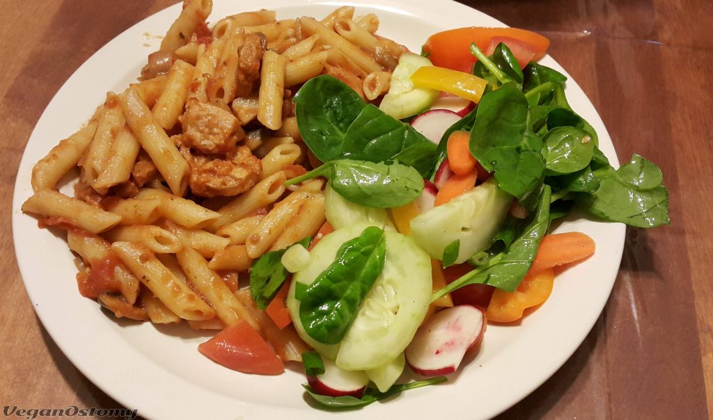Pasta with TVP chunk and a salad