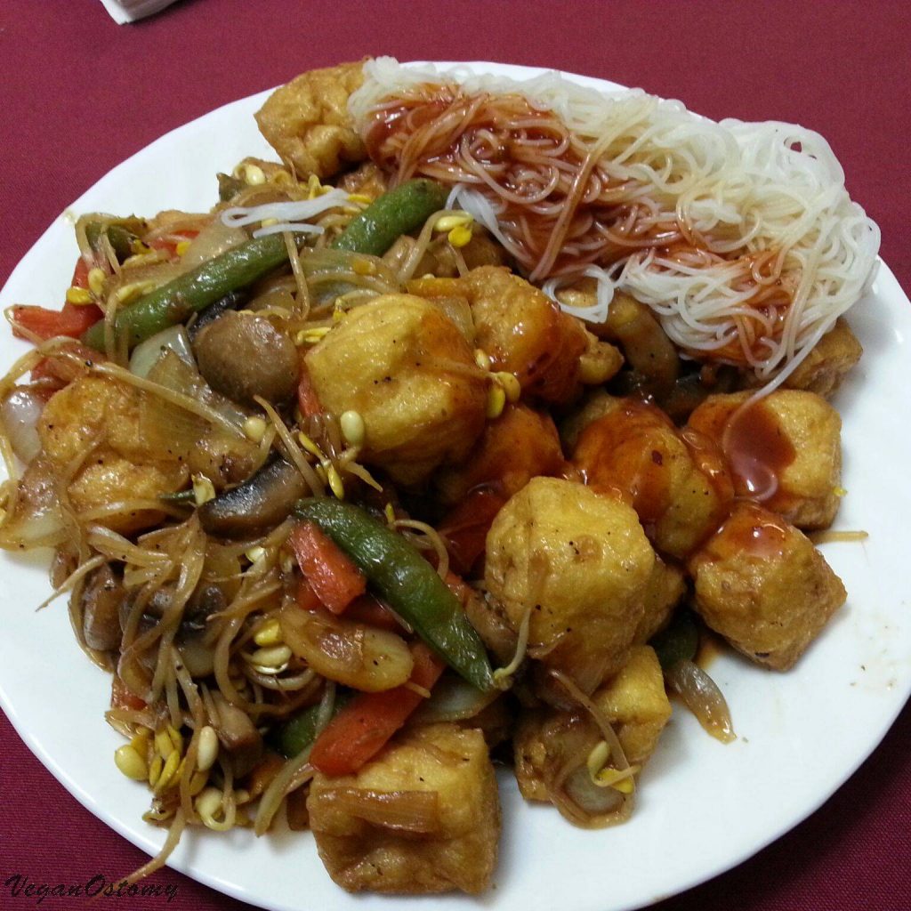 Rice vermicelli with mixed veg and tofu balls