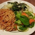 Spaghetti with salad and bok choy