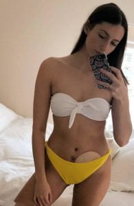 Harriet Williams whereismyostomy ASOS white top and yellow bikini bottoms